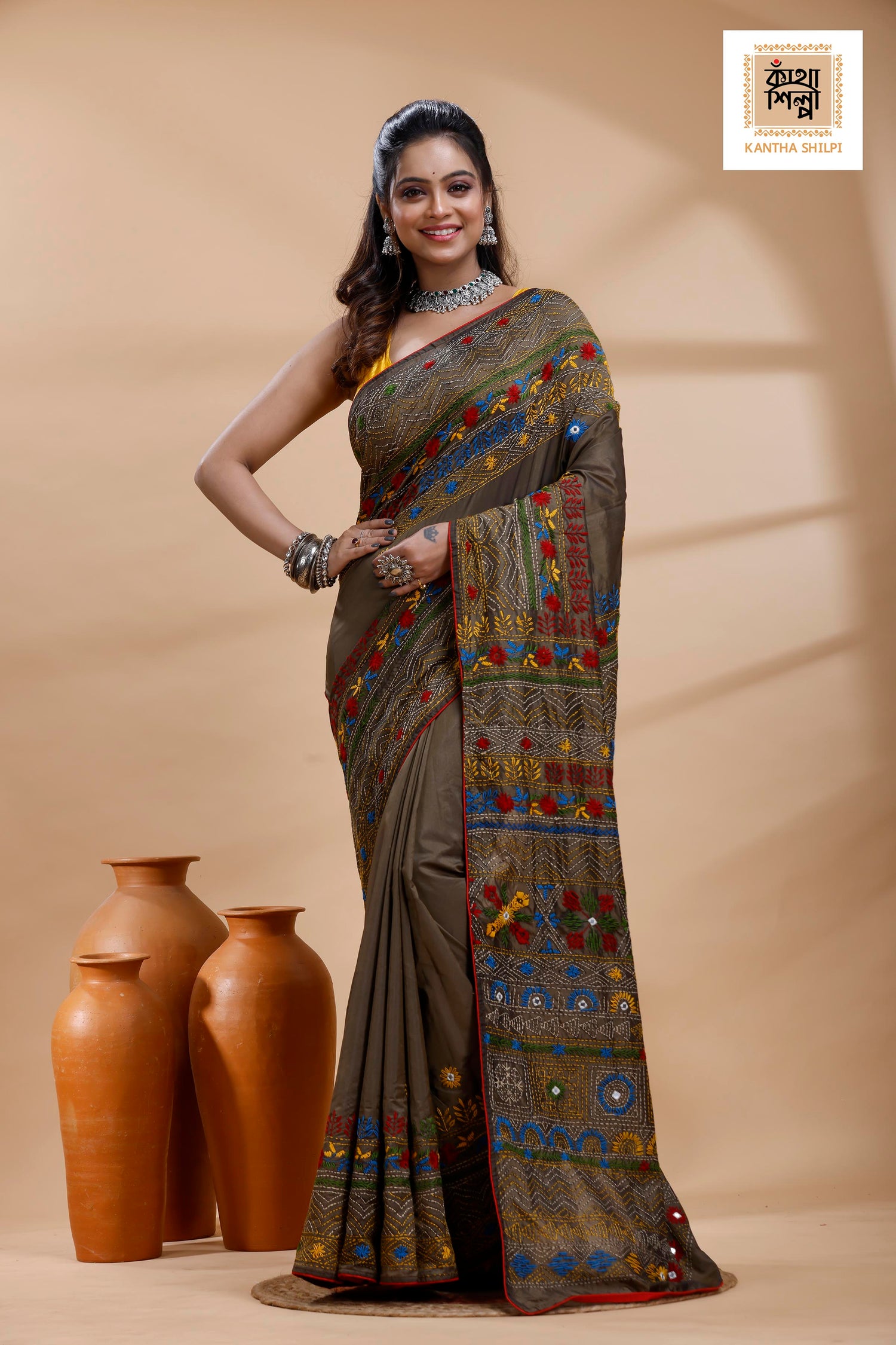 Judge Grey Color Bangalore Silk Multicolor Thread Work Lambani Stitch Saree