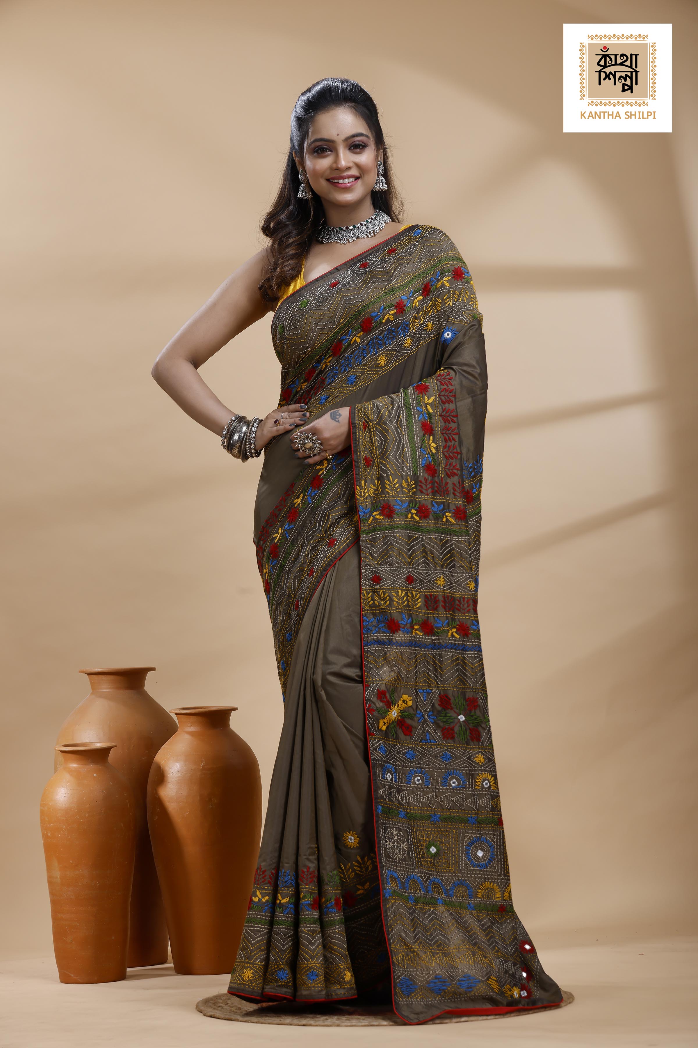 Judge Grey Color Bangalore Silk Multicolor Thread Work Lambani Stitch Saree