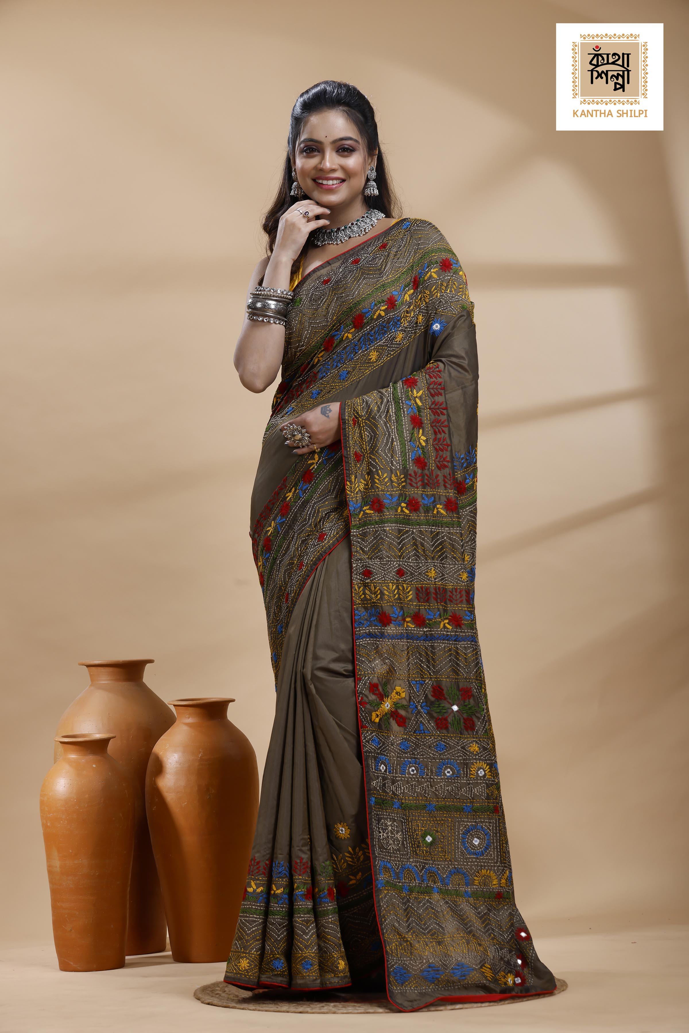 Judge Grey Color Bangalore Silk Multicolor Thread Work Lambani Stitch Saree