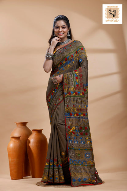 Judge Grey Color Bangalore Silk Multicolor Thread Work Lambani Stitch Saree