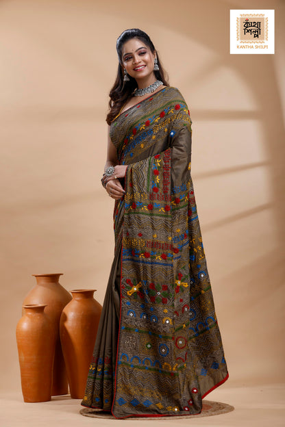 Judge Grey Color Bangalore Silk Multicolor Thread Work Lambani Stitch Saree