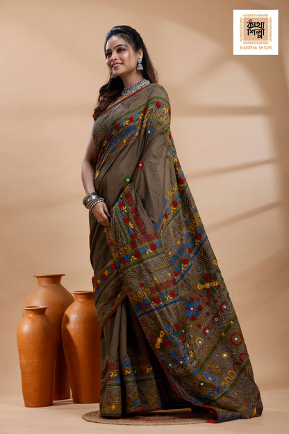 Judge Grey Color Bangalore Silk Multicolor Thread Work Lambani Stitch Saree