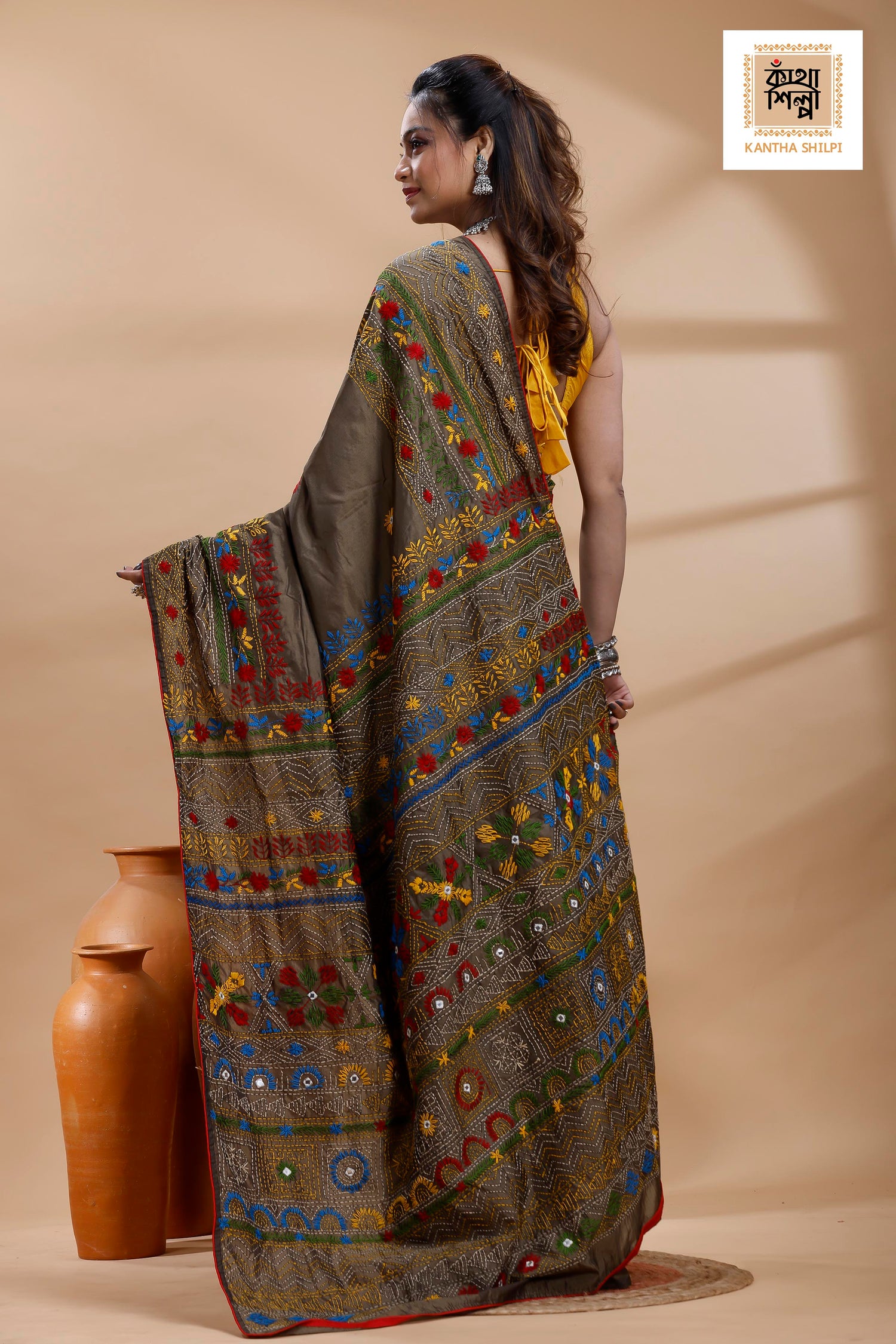 Judge Grey Color Bangalore Silk Multicolor Thread Work Lambani Stitch Saree