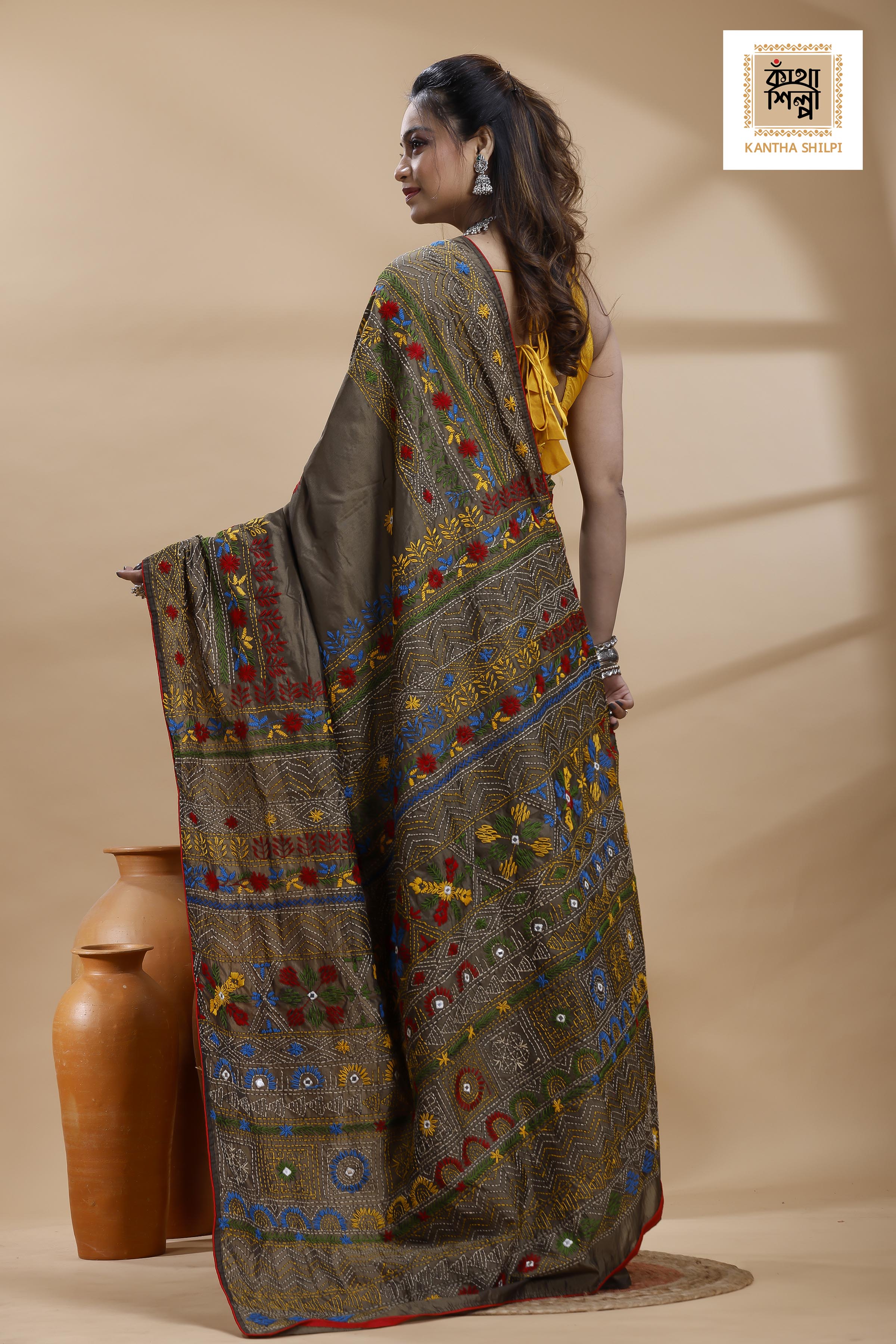 Judge Grey Color Bangalore Silk Multicolor Thread Work Lambani Stitch Saree