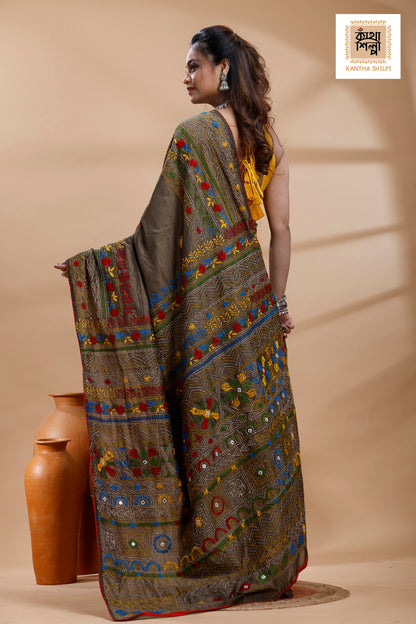 Judge Grey Color Bangalore Silk Multicolor Thread Work Lambani Stitch Saree