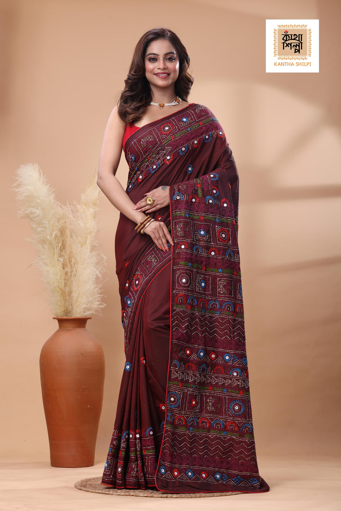 Maroon Color Bangalore Silk Multicolor Thread Work Lambani Stitch Saree