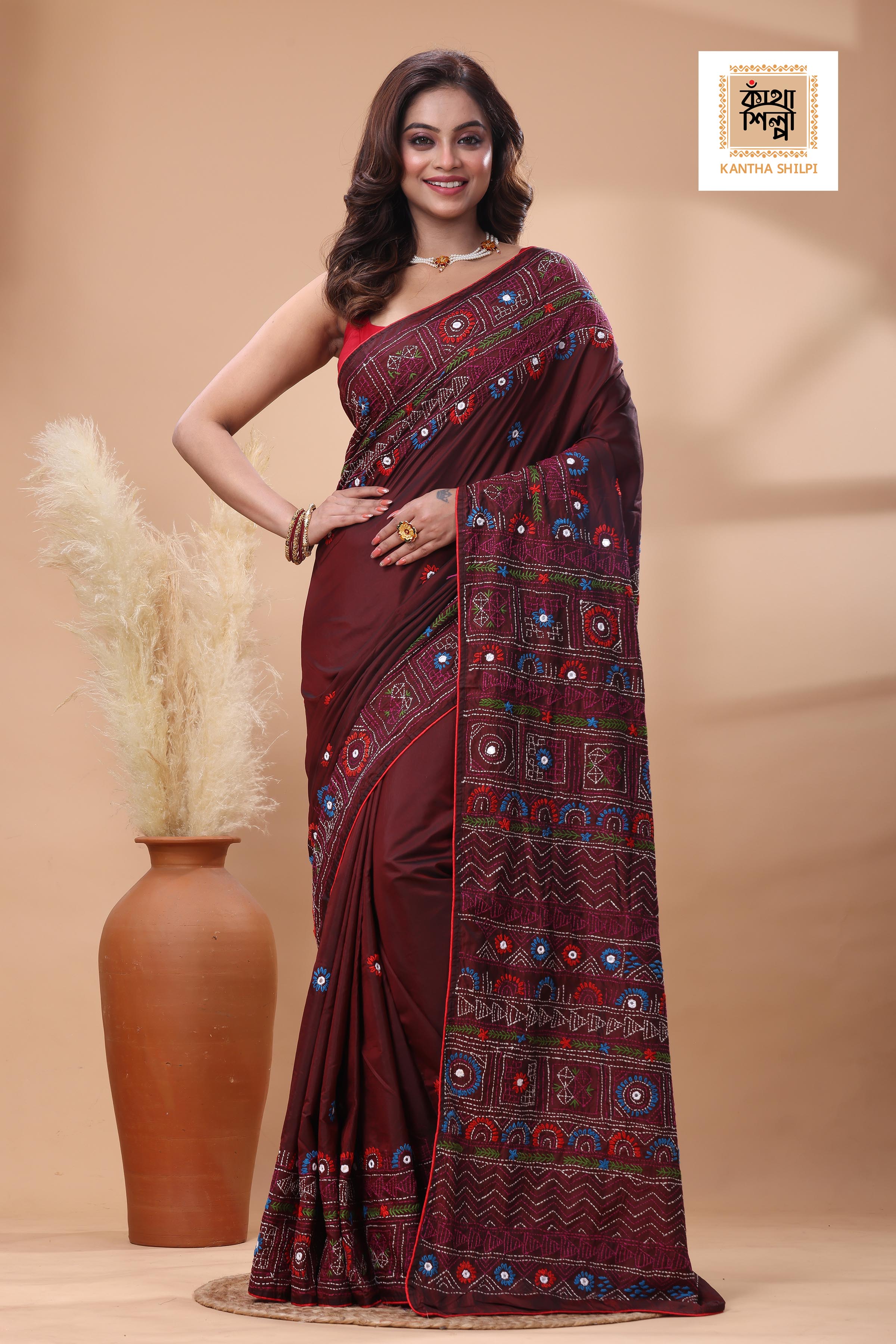 Maroon Color Bangalore Silk Multicolor Thread Work Lambani Stitch Saree