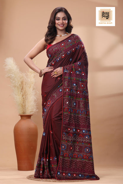 Maroon Color Bangalore Silk Multicolor Thread Work Lambani Stitch Saree