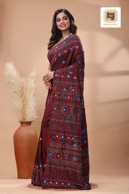 Maroon Color Bangalore Silk Multicolor Thread Work Lambani Stitch Saree