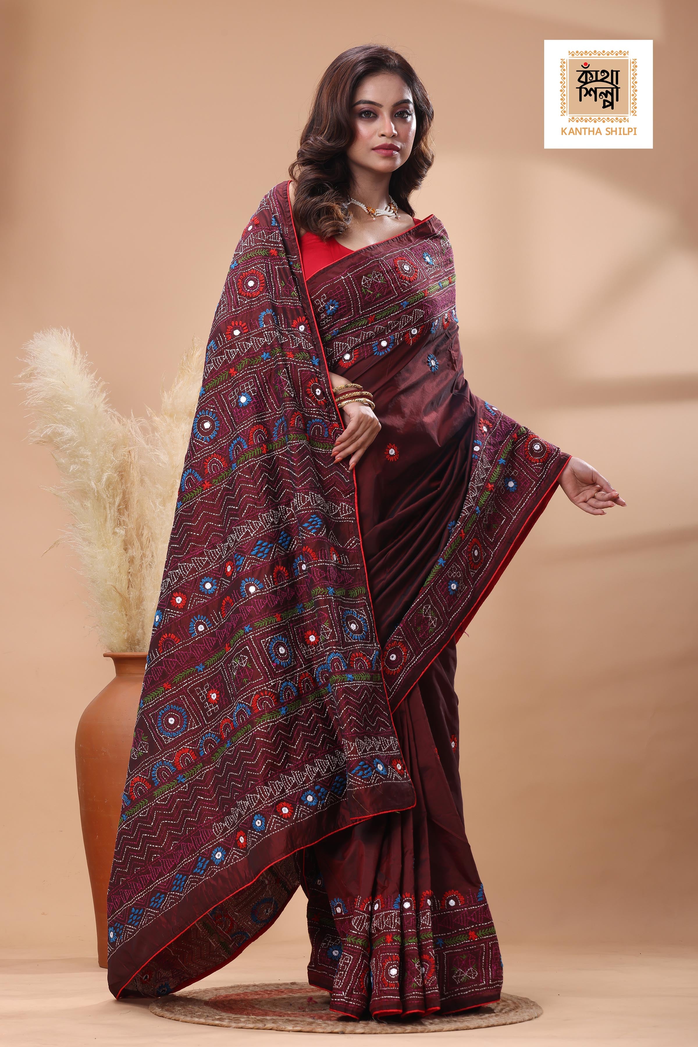 Maroon Color Bangalore Silk Multicolor Thread Work Lambani Stitch Saree