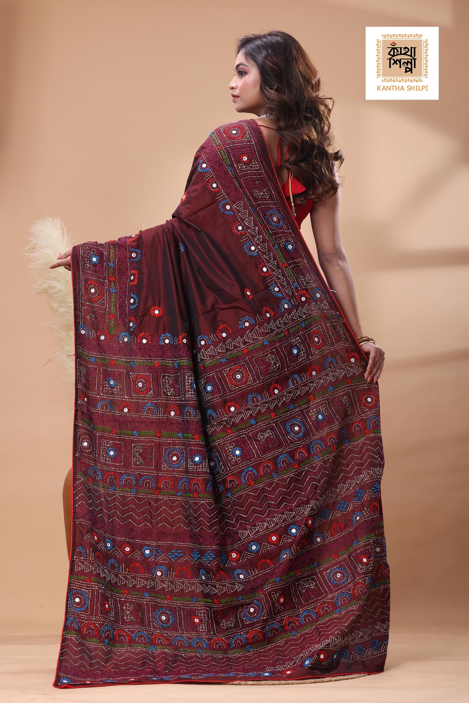 Maroon Color Bangalore Silk Multicolor Thread Work Lambani Stitch Saree