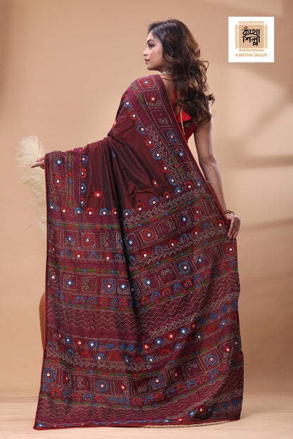 Maroon Color Bangalore Silk Multicolor Thread Work Lambani Stitch Saree