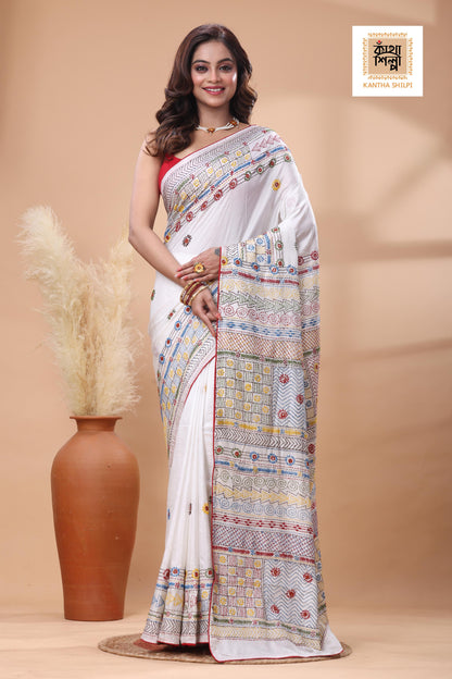 White Color Bangalore Silk Multicolor Thread Work Lambani Stitch Saree