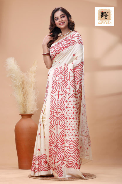 Off White Tussar Silk Red Thread Work Gujrati Stitch Saree