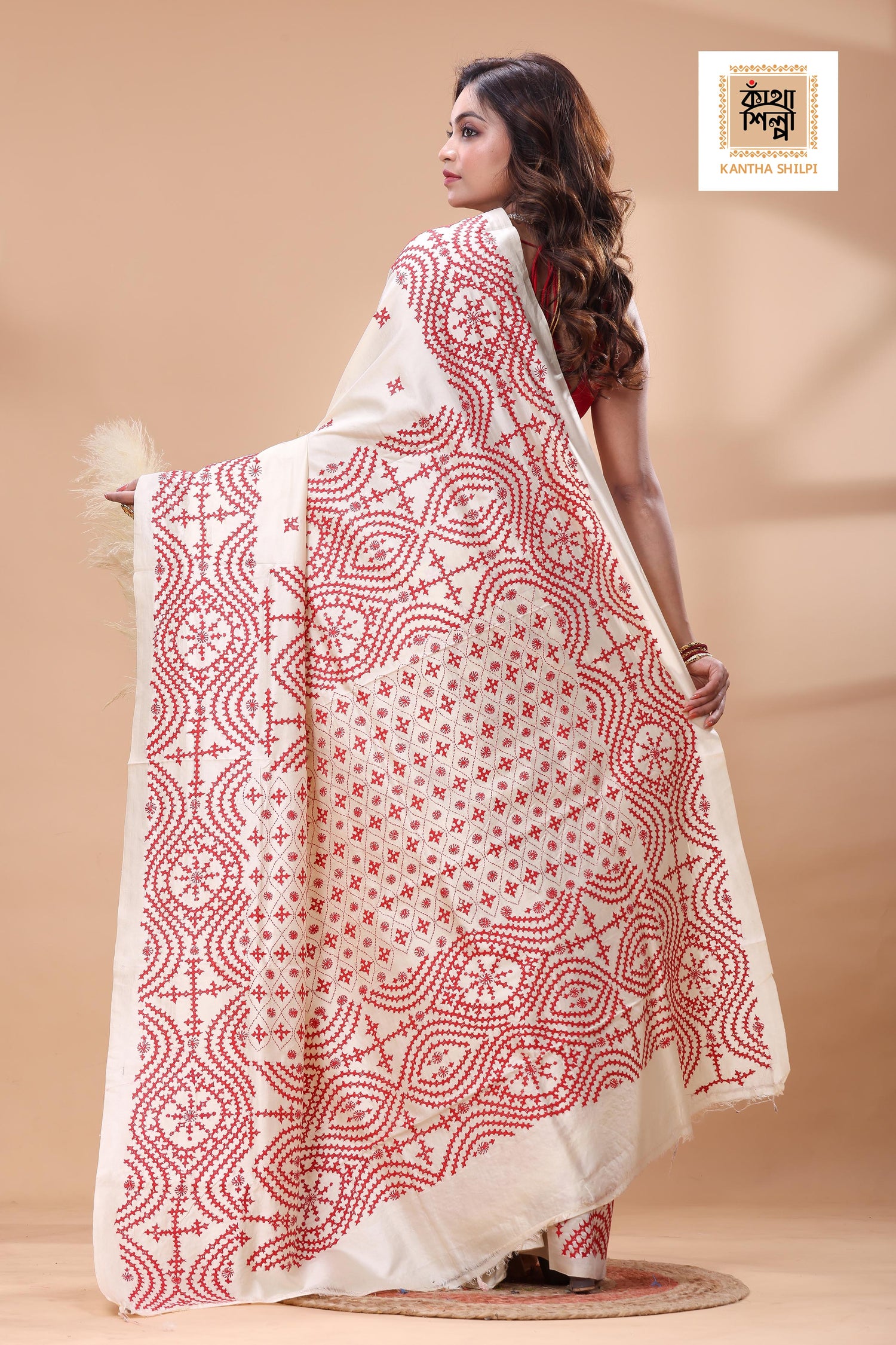 Off White Tussar Silk Red Thread Work Gujrati Stitch Saree