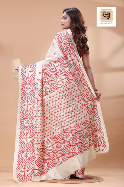 Off White Tussar Silk Red Thread Work Gujrati Stitch Saree
