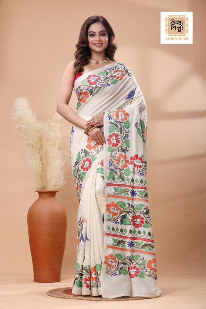 Off White Tussar Silk Multicolor Thread Work Kantha Stitch Saree