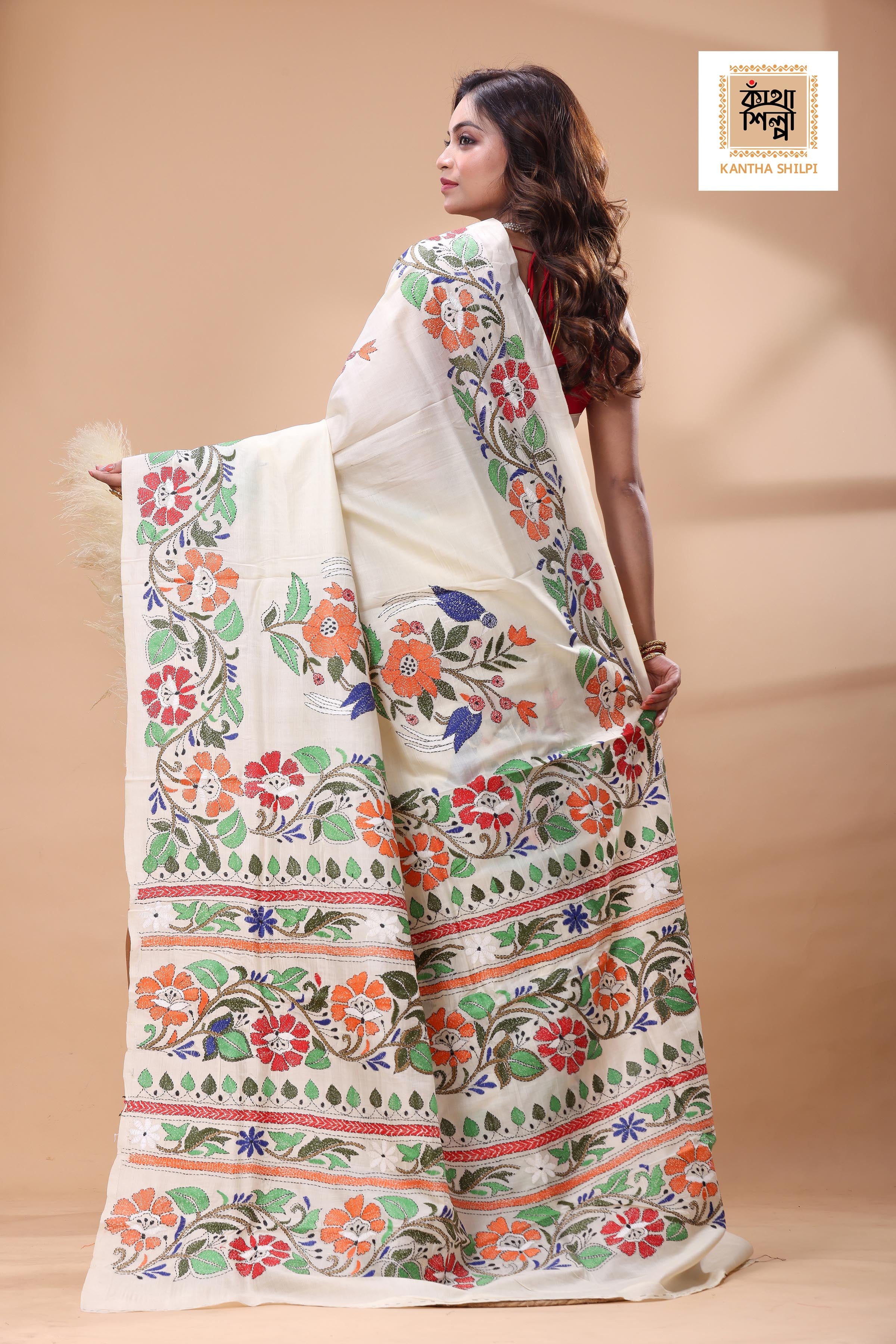 Off White Tussar Silk Multicolor Thread Work Kantha Stitch Saree