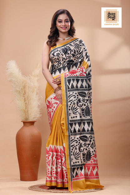 Pure Gachi Tussar Red-Black Color Thread Work Kantha Stitch Saree