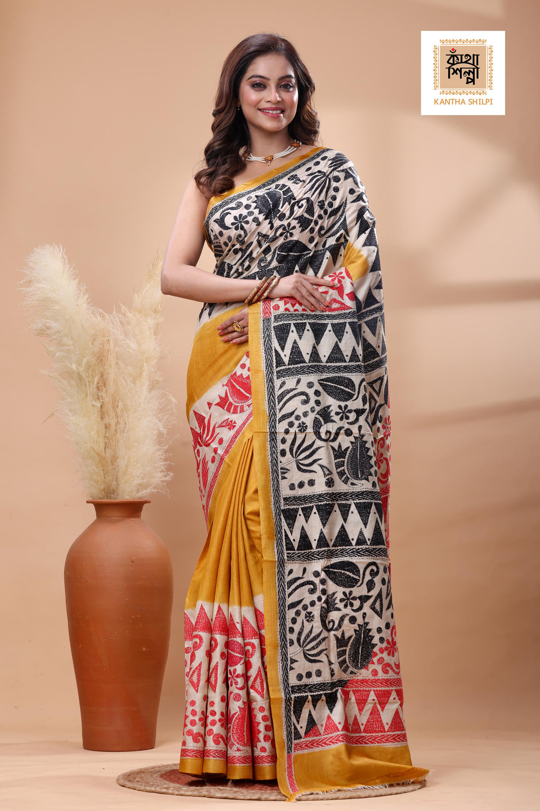 Pure Gachi Tussar Red-Black Color Thread Work Kantha Stitch Saree