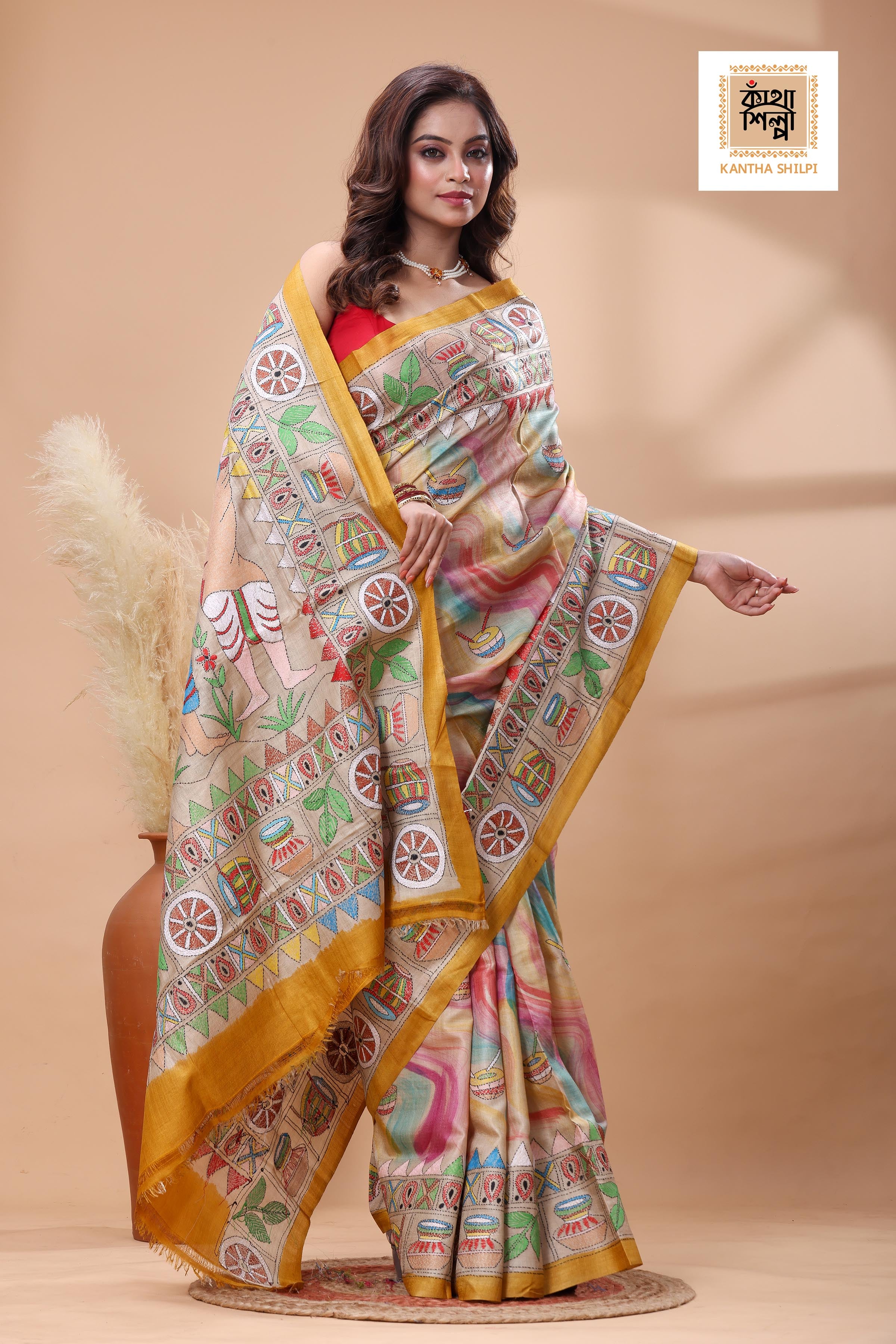 Pure Gachi Tussar Multicolor Thread Work Kantha Stitch Saree