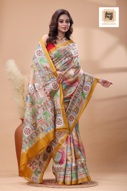 Pure Gachi Tussar Multicolor Thread Work Kantha Stitch Saree
