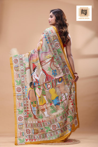 Pure Gachi Tussar Multicolor Thread Work Kantha Stitch Saree