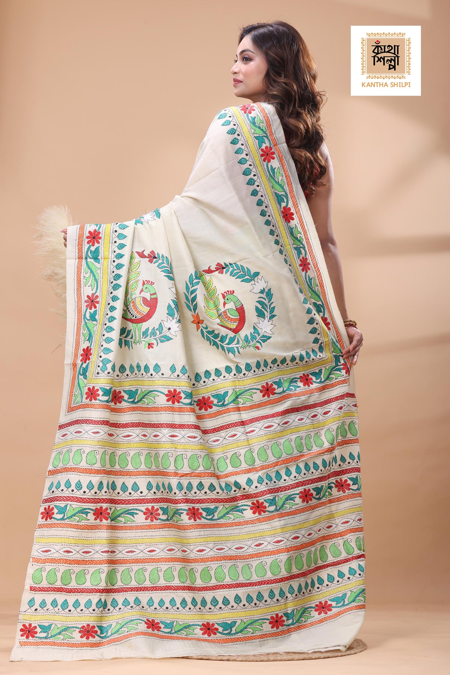 Off White Tussar Silk Multicolor Thread Work Kantha Stitch Saree