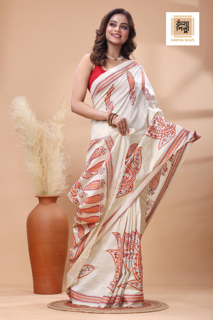 Off White Tussar Silk tricolor Thread Work Kantha Stitch Saree