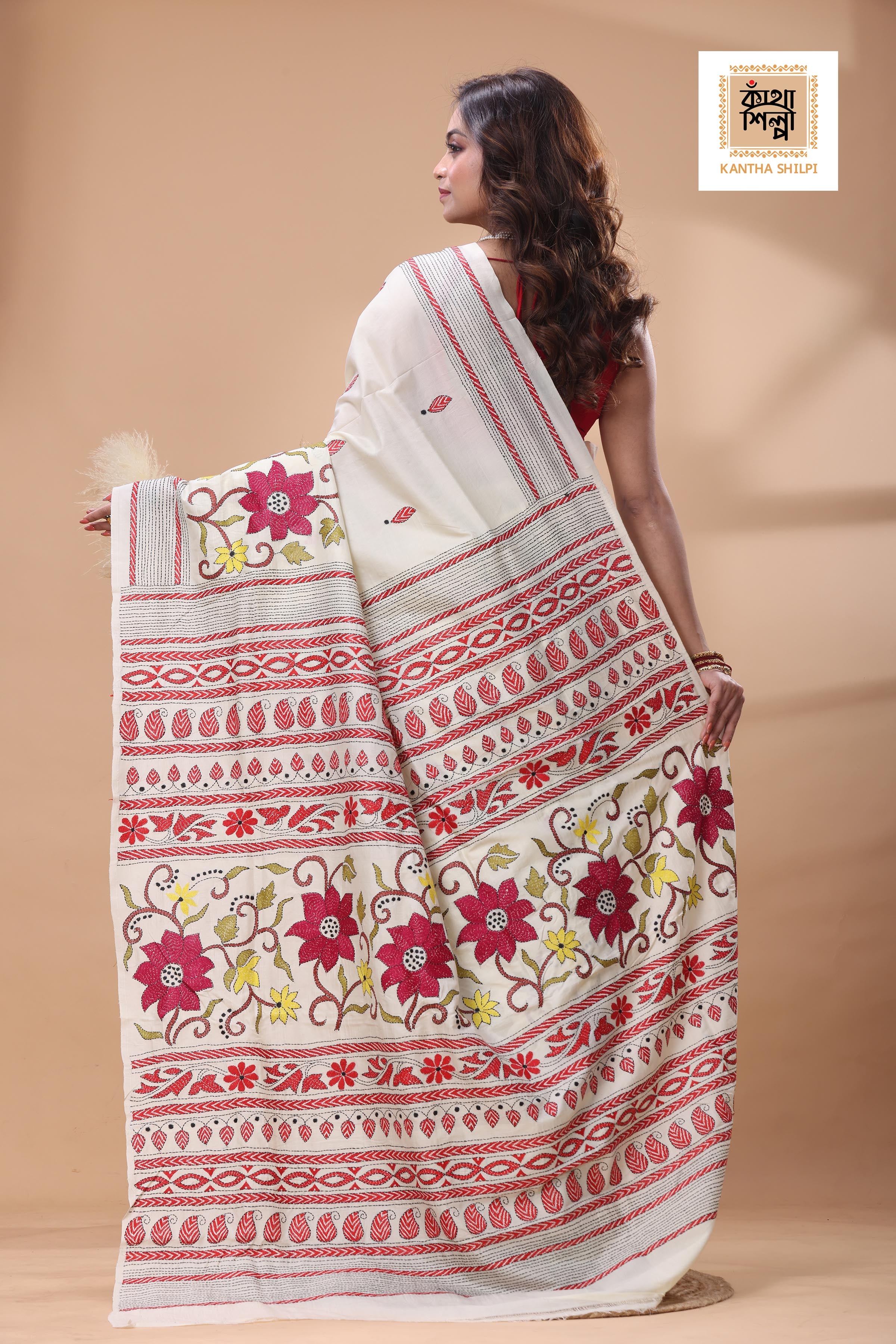 Off White Tussar Silk Multicolor Thread Work Kantha Stitch Saree