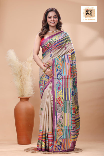Pure Gachi Tussar Multicolor Thread Work Kantha Stitch Saree