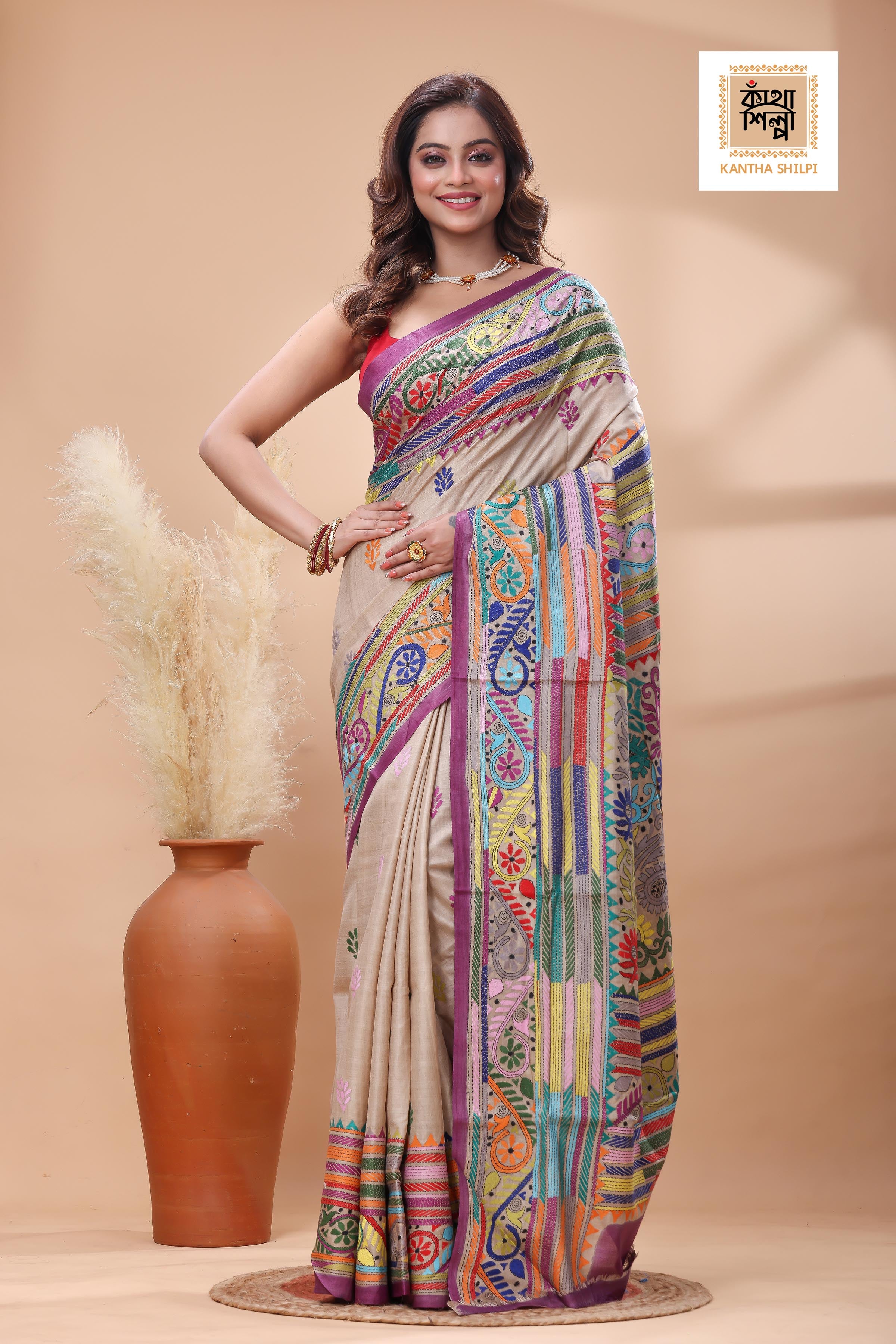 Pure Gachi Tussar Multicolor Thread Work Kantha Stitch Saree