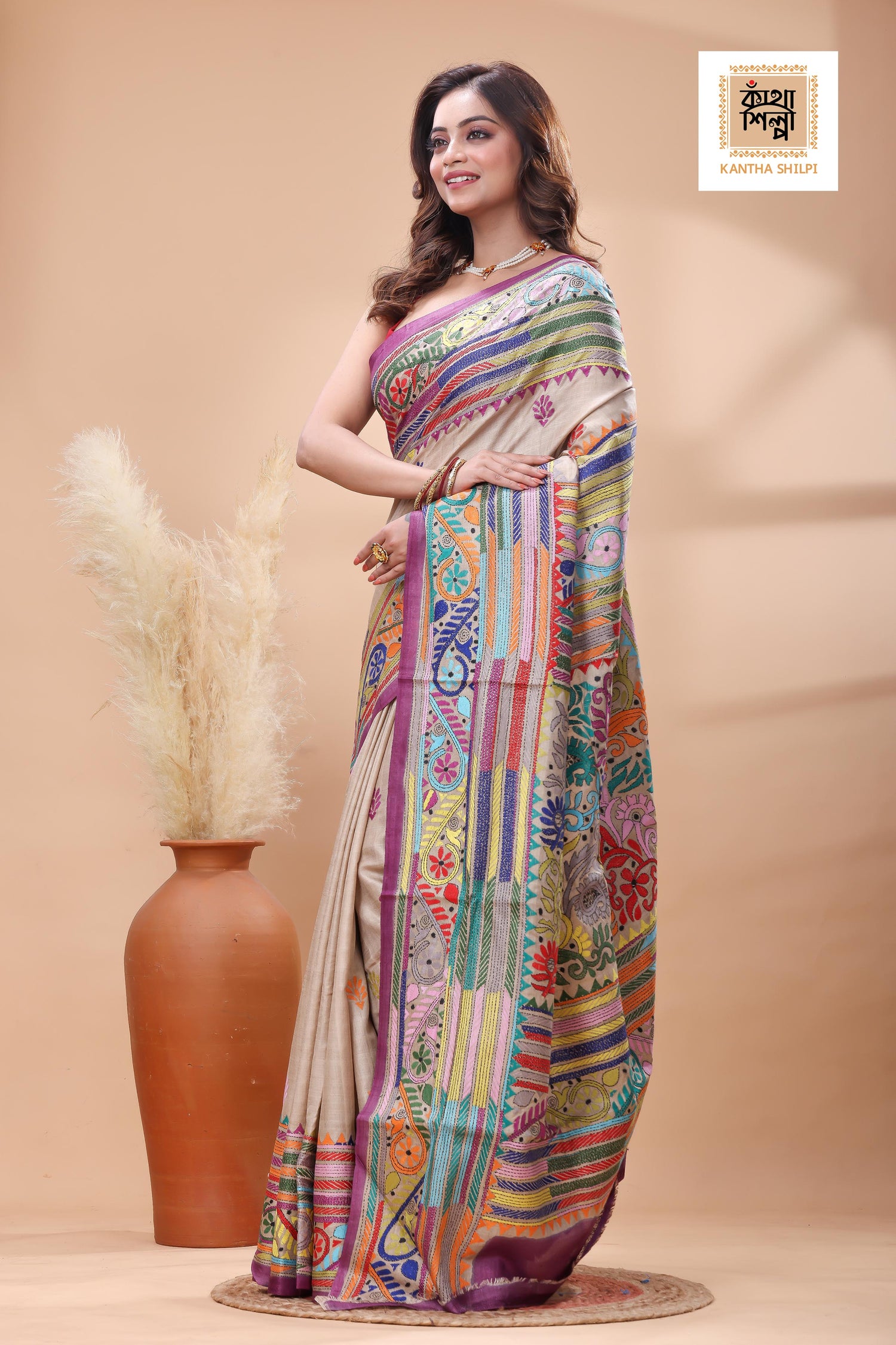 Pure Gachi Tussar Multicolor Thread Work Kantha Stitch Saree