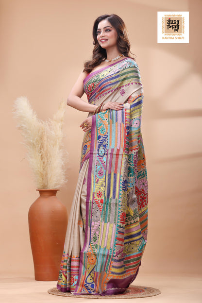 Pure Gachi Tussar Multicolor Thread Work Kantha Stitch Saree