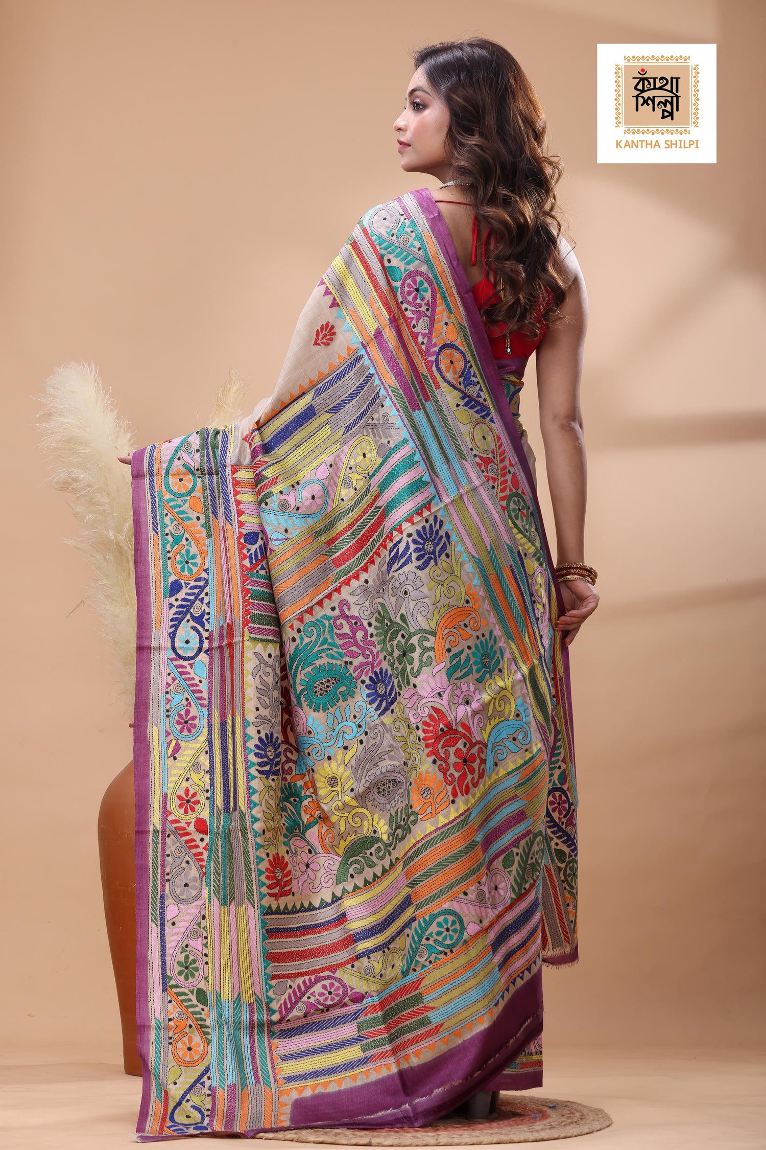 Pure Gachi Tussar Multicolor Thread Work Kantha Stitch Saree