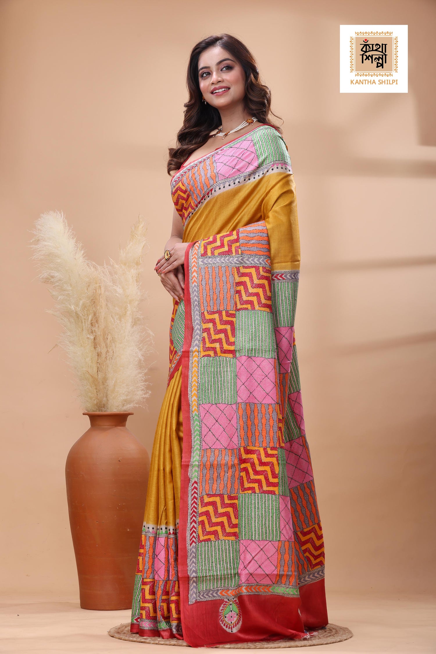 Pure Gachi Dye Tussar Multicolor Thread Work Kantha Stitch Saree