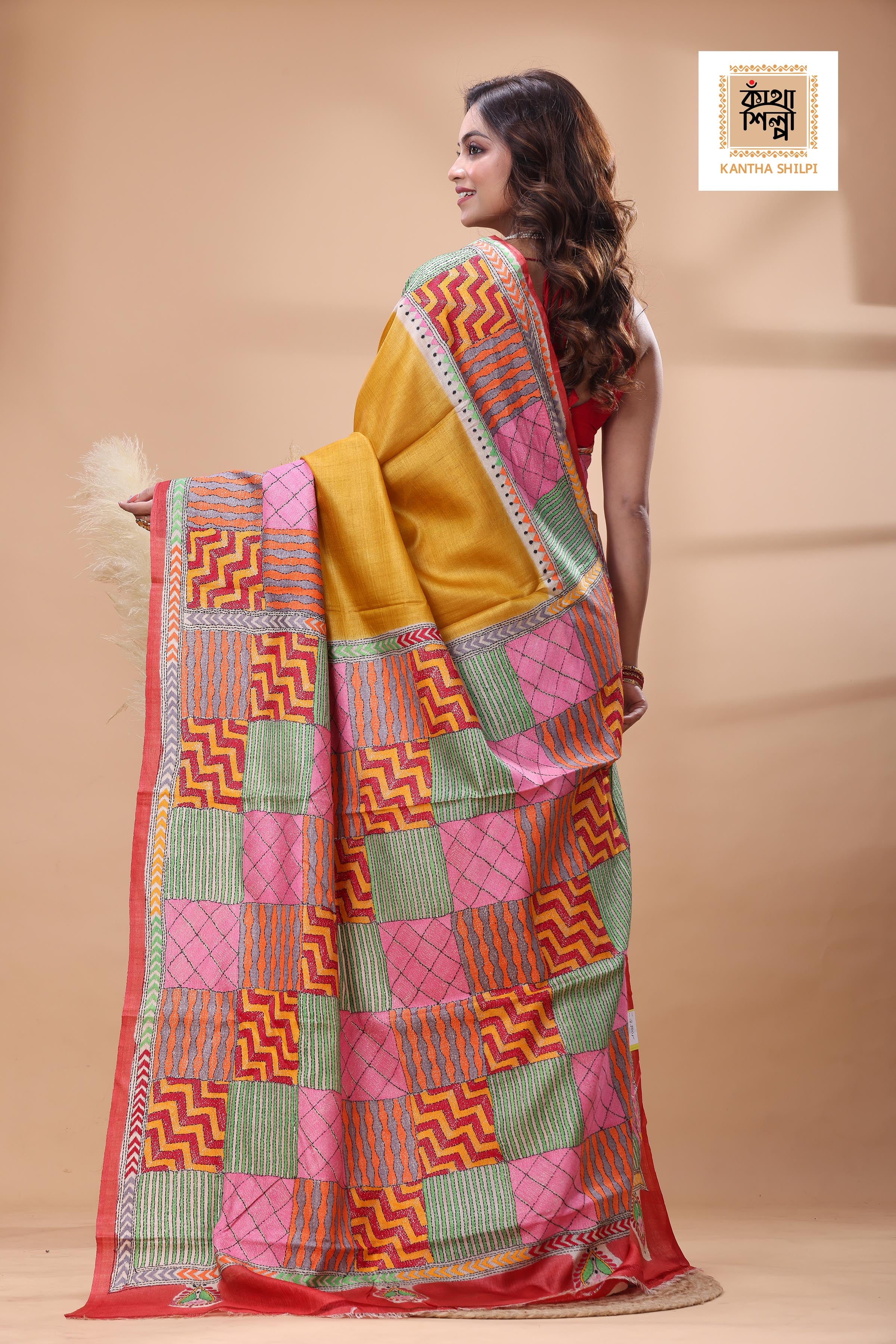 Pure Gachi Dye Tussar Multicolor Thread Work Kantha Stitch Saree