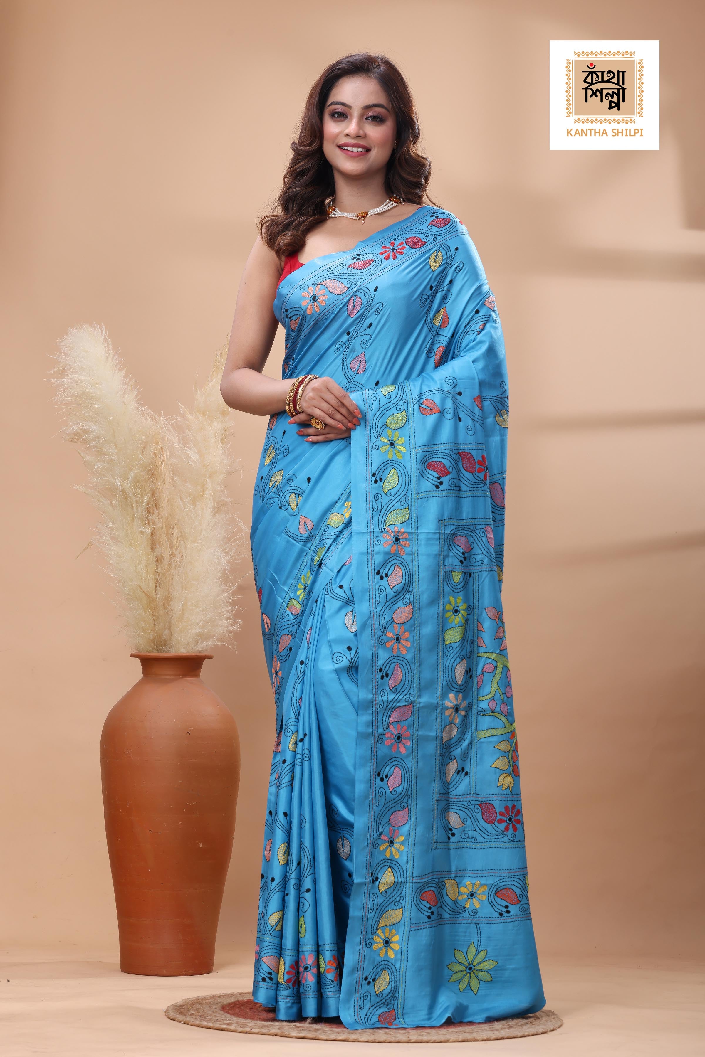 Blue Color Bangalore Silk Multicolor Thread Work Kantha Stitch Saree