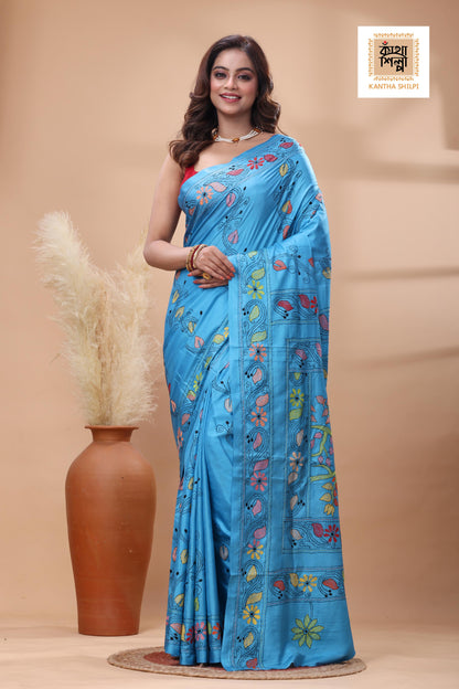 Blue Color Bangalore Silk Multicolor Thread Work Kantha Stitch Saree