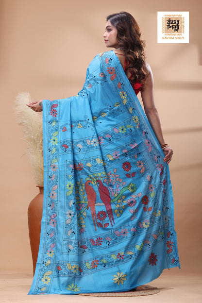 Blue Color Bangalore Silk Multicolor Thread Work Kantha Stitch Saree