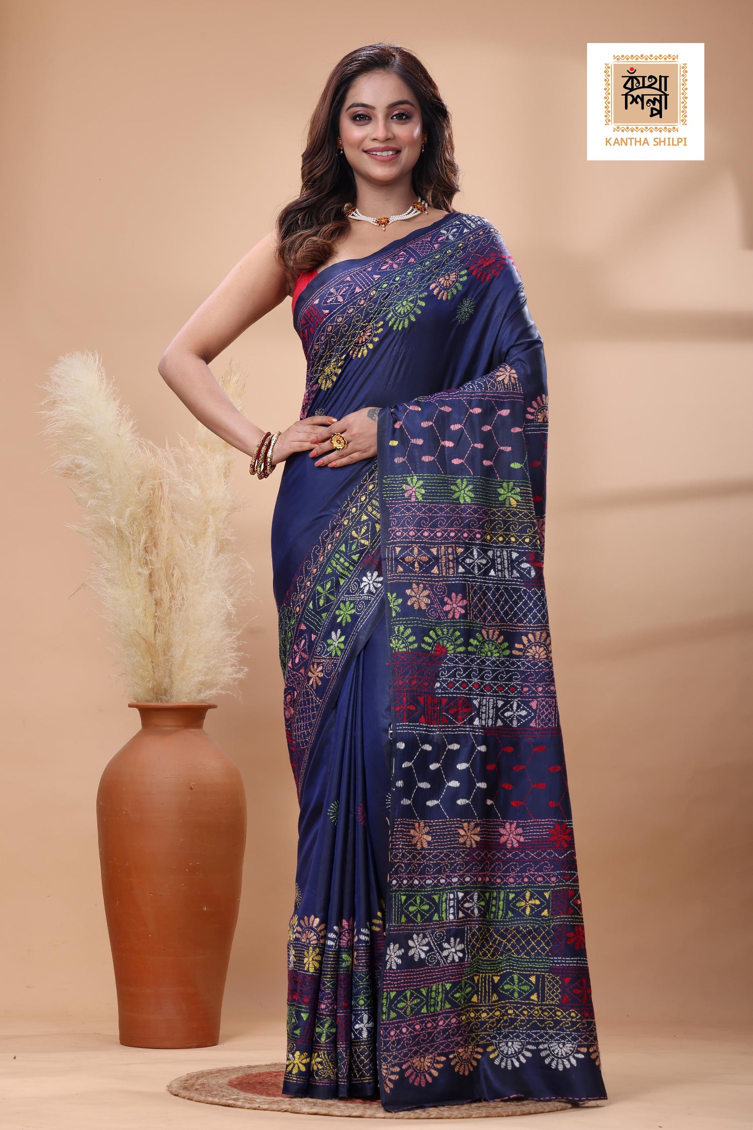 Blue Color Bangalore Silk Multicolor Thread Work Lambani Stitch Saree