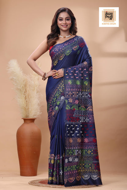 Blue Color Bangalore Silk Multicolor Thread Work Lambani Stitch Saree
