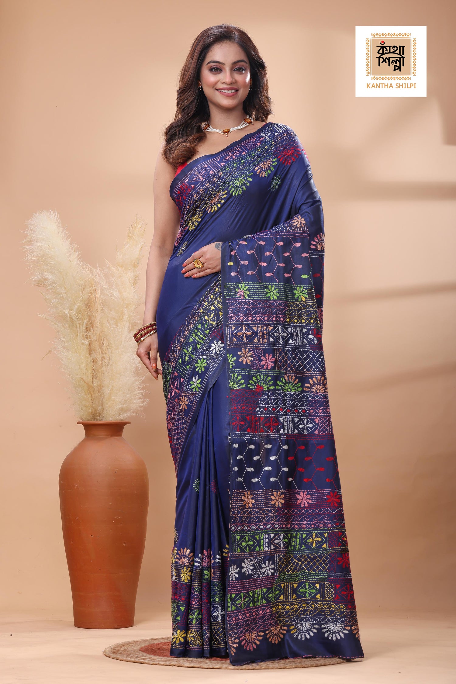 Blue Color Bangalore Silk Multicolor Thread Work Lambani Stitch Saree
