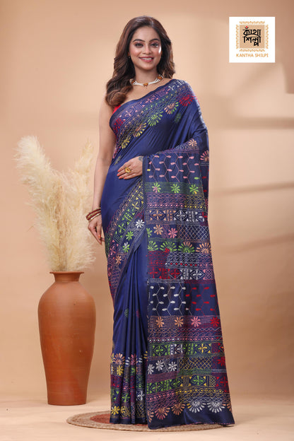 Blue Color Bangalore Silk Multicolor Thread Work Lambani Stitch Saree