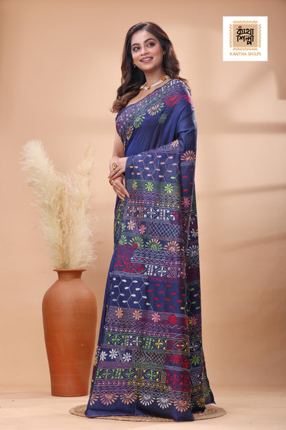 Blue Color Bangalore Silk Multicolor Thread Work Lambani Stitch Saree