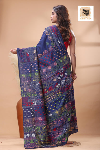 Blue Color Bangalore Silk Multicolor Thread Work Lambani Stitch Saree