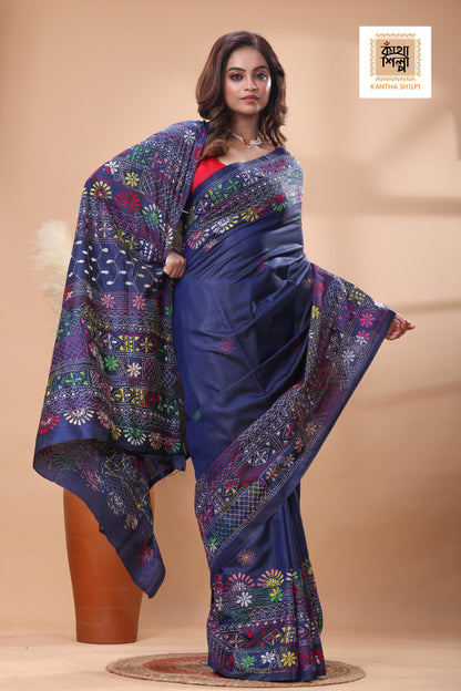Blue Color Bangalore Silk Multicolor Thread Work Lambani Stitch Saree