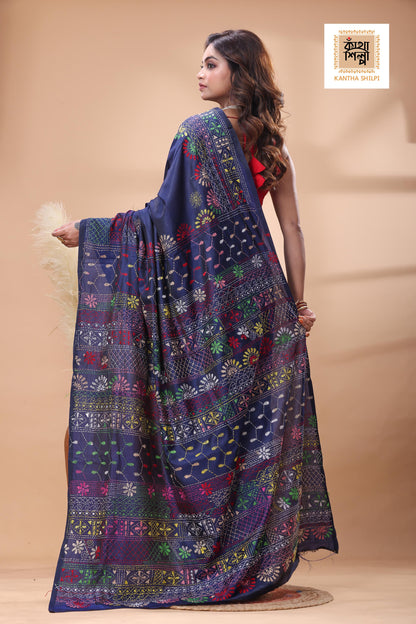 Blue Color Bangalore Silk Multicolor Thread Work Lambani Stitch Saree