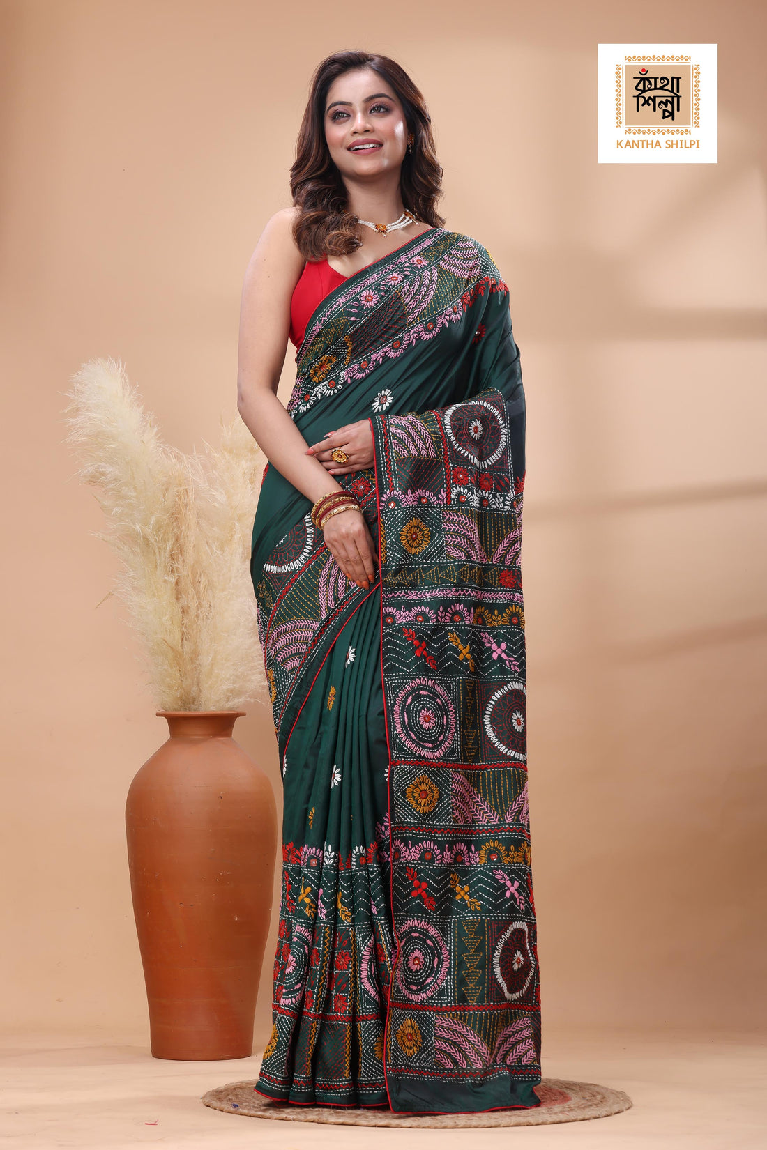 Green Color Bangalore Silk Multicolor Thread Work Lambani Stitch Saree
