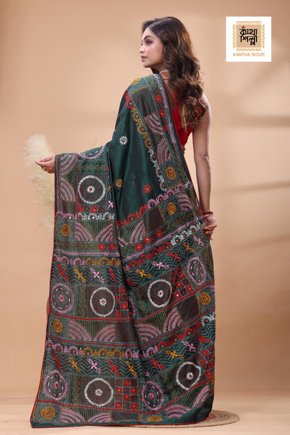 Green Color Bangalore Silk Multicolor Thread Work Lambani Stitch Saree